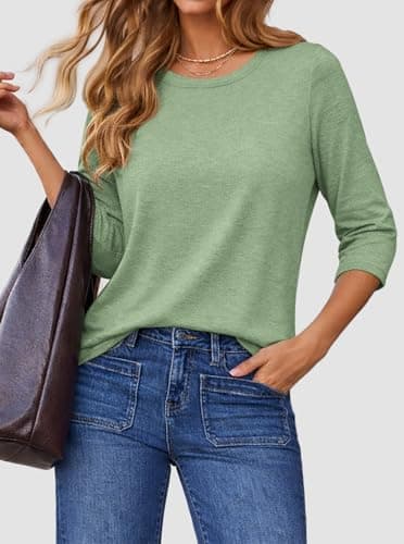 ATHMILE Business Casual Tops for Women Casual 3/4 Sleeve T-Shirts Crewneck Cute Tunic Summer Basic Tees Fall Blouses Loose Fit Pullover Grey Green - Thumbnail 3