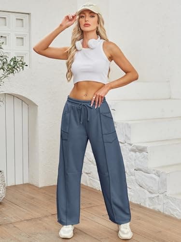 Dokuritu Barrel Pants Women Casual Drawstring Baggy Sweatpants Elastic Waist Wide Leg Lounge Pants with Pockets - Thumbnail 3