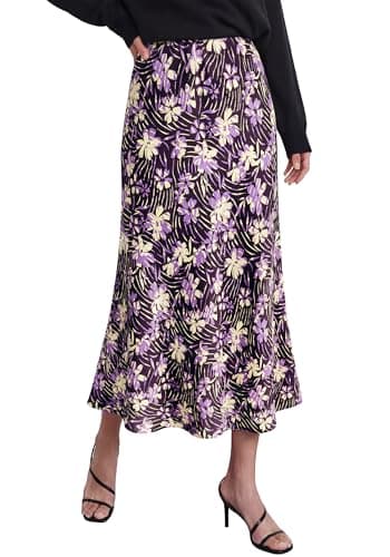 BTFBM Satin Skirts for Women Trendy Spring Summer 2026 High Waisted Leopard Print Cocktail Wedding Long Silk Midi Skirt(Floral Black Purple, Medium) - Image 1