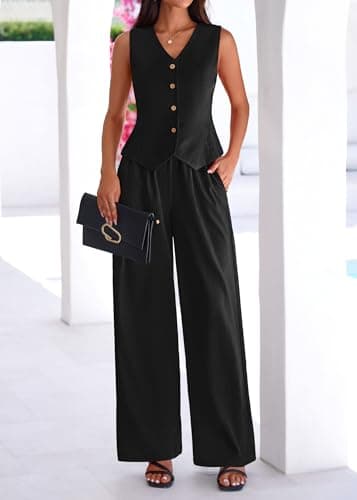 KIRUNDO Business Casual Outfits for Women Vest Tops Pant Suits Dressy 2 Piece Sets Summer Crop Blazer Wide Leg Work Pants(Black, Small) - Thumbnail 3