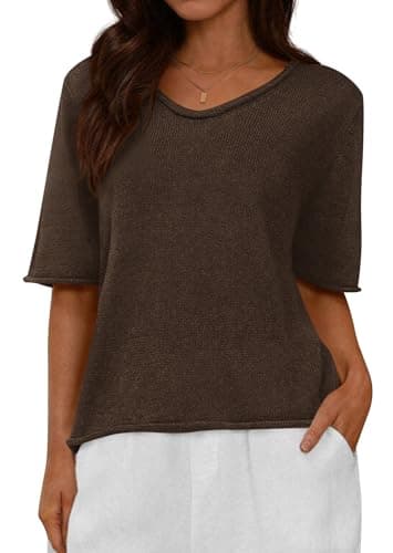 BTFBM Sweaters for Women 2026 Summer Oversized Half Short Sleeve Knitted Pullover V Neck‌ Casual Loose Fit Spring Tops(Brown, X-Large) - Image 1