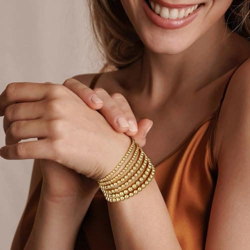 adoyi Gold Bracelets for Women 14K Gold Plated Beaded Stackable Strand Bead Ball Bracelet stack Set Trendy Adjustable Jewelry Sets for Gifts - Thumbnail 2