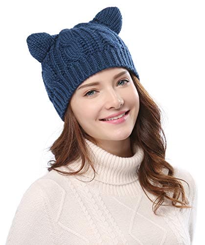 Women's Hat Cat Ear Crochet Braided Knit Caps,Navy - Image 1