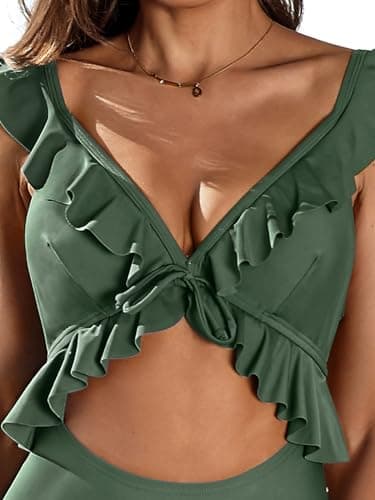 SOCIALA Womens One Piece Swimsuits Ruffle Cut Out Sexy Bathing Suit for Swimwear Strappy Monokinis(Large, Dark Green) - Thumbnail 4