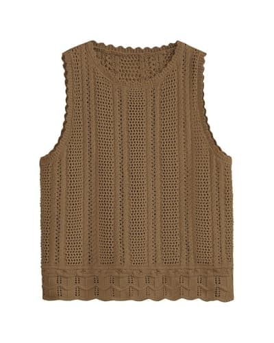 KIRUNDO Beach Vacation Clothes for Women Spring Summer Crochet Sweater Vest Tank Tops Cover Ups Resort Cruise Outfits 2026(Dark Khaki, X-Small) - Image 1