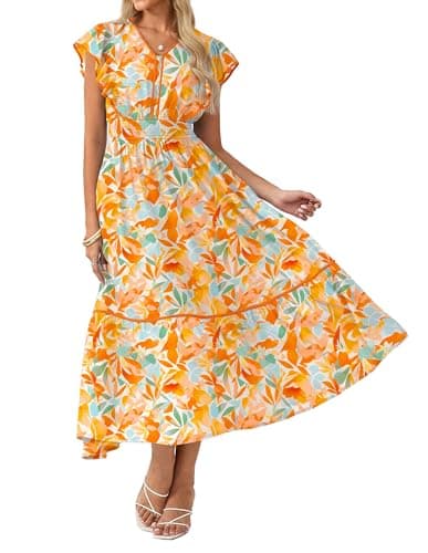 GRACE KARIN 2026 Summer Wedding Guest Dresses for Women Ruffle Sleeve Boho Midi Dress Smocked Flowy Floral Dress with Pocket Orange Blue M - Image 1