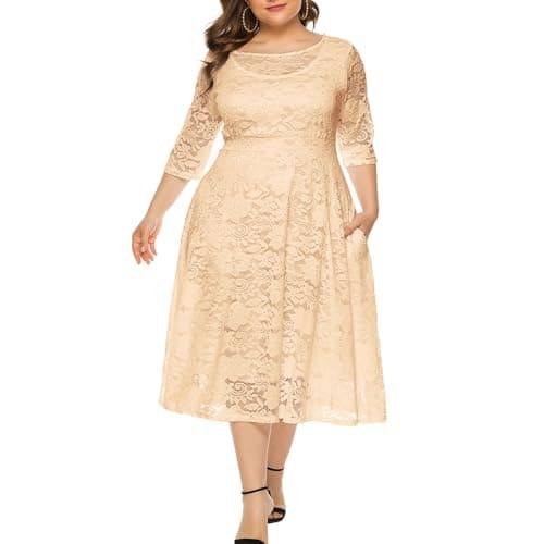Eternatastic Womens Scooped Neckline Floral lace Top Plus Size Cocktail Party Midi Dress 3XL Beige - Image 1