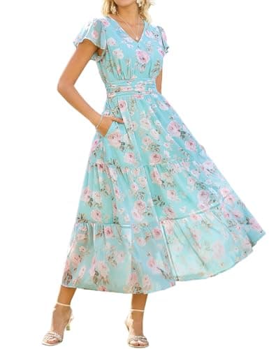 GRACE KARIN Women Summer Dress,Maxi Floral Dresses,Wedding Guest Flowy Dress 2026 Mint Green with Light Pink Roses L - Image 1
