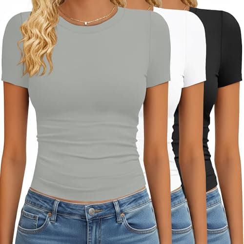 GAYHAY 3 Pack Basic Tees for Women - Crew Neck Slim Fit Tight T Shirts Cute Y2K Trendy Crop Tops Clothes for Casual Summer Black White Mineral Gray - Image 1