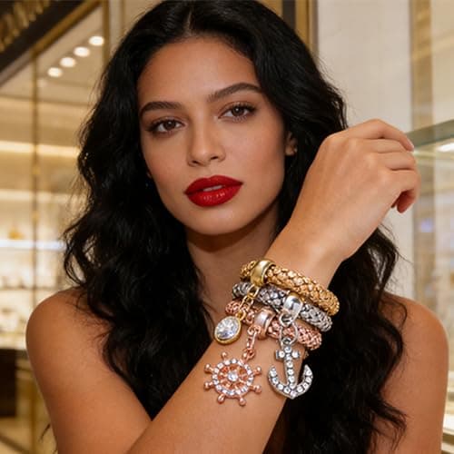 Alegend Three-Color Nautical 14K Bracelet Set - Anchor & Ship Wheel Charms with Crystal Accents - Thumbnail 3