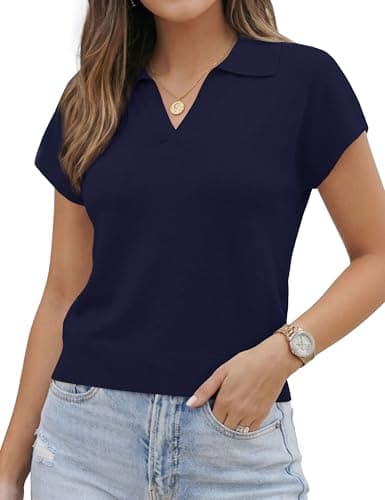 LaGracia Short Sleeve Sweaters for Women Business Casual Collared Cropped Polo Sweaters Lightweight Wool Blend Crop Tops Spring Summer Outfits NavyBlue XL - Image 1