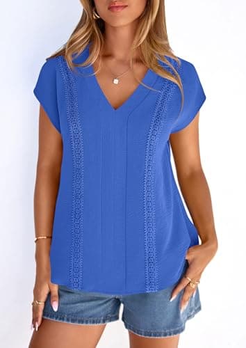 PRETTYGARDEN Blouses for Women Dressy Casual Spring 2026 Cap Sleeve V Neck Lace Trim Boho Tops Work Shirts Summer Clothes (Blue,Small) - Thumbnail 6