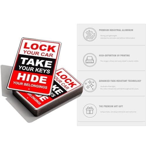 Parking Security Warning Sign – “Lock Your Car, Take Your Keys, Hide Your Belongings” Metal Tin Sign, Garage & Parking Lot Safety Notice, Shop & Property Warning, 8 x 12 Inch - Thumbnail 3
