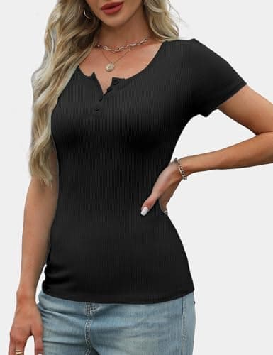GKBK Ribbed Short Sleeve Tops for Women Henley Neck Slim Fitted Tight Basic Tee Tshirts Cute Spring Summer Tops Black - Thumbnail 3