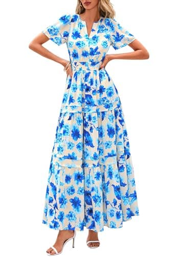 PRETTYGARDEN Women's 2026 Summer Boho Maxi Dresses Floral Short Sleeve V Neck A Line Tiered Flowy Long Beach Vacation Dress (White Blue Floral,Medium) - Image 1