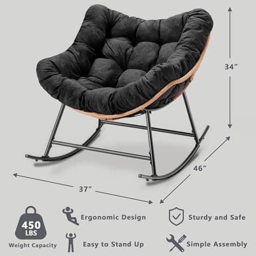 TEROL Outdoor Comfy Rocking Chair with Thick Cushion, Rattan Rocker Egg Chair Indoor with Straps, Patio Rocking Chair 450lbs for Garden, Backyard, Balcony, Lawn, Bedroom, Living Room (Black) - Thumbnail 2