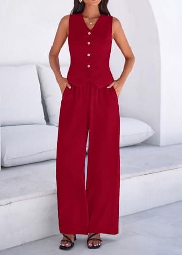 KIRUNDO Business Casual Outfits for Women Vest Tops Pant Suits Dressy 2 Piece Sets Summer Crop Blazer Wide Leg Work Pants(Wine Red, X-Large) - Thumbnail 6