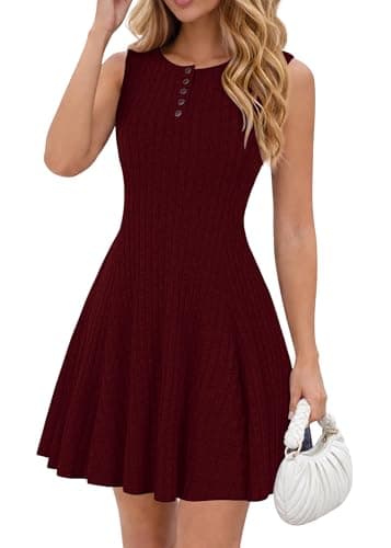 Lazysmile Summer Sleeveless Dresses for Women Crewneck Button Down Ribbed Knit A Line Casual Short Dress Wine Red - Image 1
