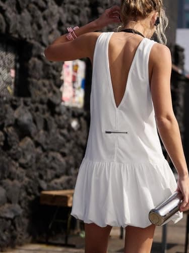 Dokuritu Sport Athletic Dress for Women Crewneck Sleeveless Backless Bubble Tennis Dresses Casual Workout Skort Dress with Pockets White - Thumbnail 2