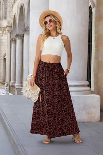 Lepunuo Floral Long Skirt Womens Casual Boho High Waisted Spring Trendy Cute Maxi Skirts with Pockets - Thumbnail 3
