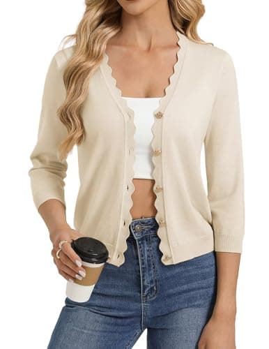 GRACE KARIN Women Cropped Lightweight Cardigan, Business Casual 3/4 Sleeve Button Up Shrugs Vacation Outfits Beige - Image 1