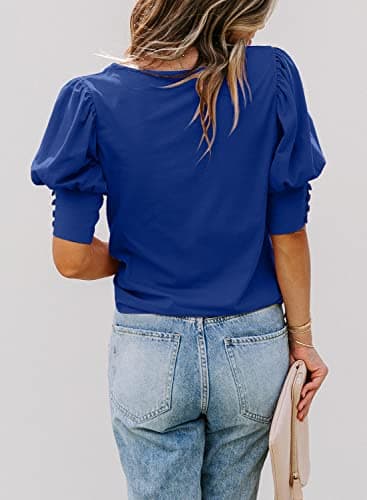 DOROSE Womens Tops Women Blouses Short Sleeve Shirts Puff Sleeve (Blue, XXL) - Thumbnail 3