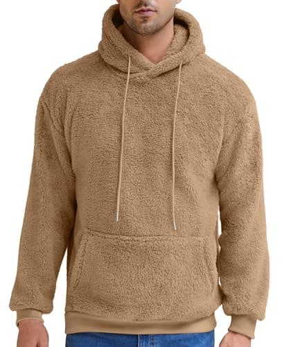 Aimeilgot Hoodie Pullover for Men Fuzzy Sherpa Sweatshirts Long Sleeve Fleece Soft Lightweight Mens Hooded Outwear Comfortable Coat with Pocket Yellow Brown, Large - Image 1