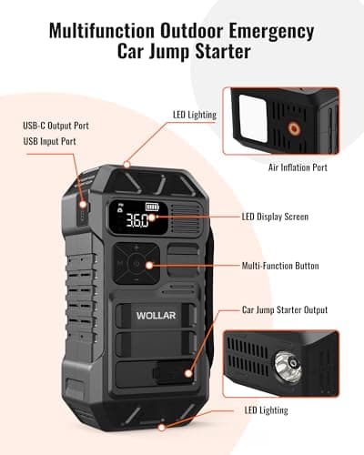 WOLLAR 3000A Jump Starter with Air Compressor - 160PSI Car Battery Jumper Starter Portable for up to 8L Gas & 7L Diesel, 12V Jump Box, 20000mAh Powerbank, Dual Flashlight, LED Display, Black - Thumbnail 6