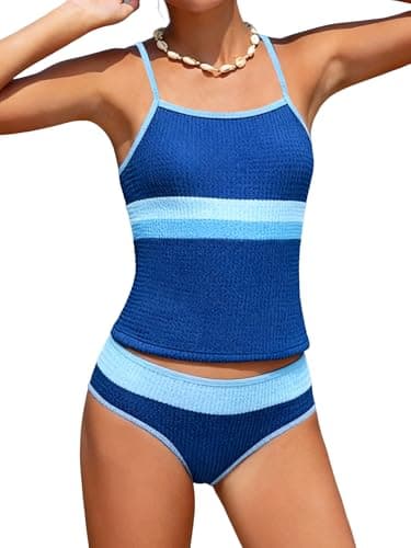 AMAWMW Girls Swimsuit Color Block Spaghetti Strap Tankini Set 2 Piece Bathing Suit Swimwear for Girls 7-16Y, Blue, 15-16Y - Image 1