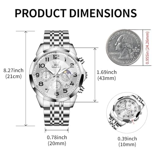 OLEVS Watch Men Silver Watch for Men Luxury Stainless Steel Big Face Dress Analog Quartz Simple Easy Read Mens Watches Moon Phase Chronograph Waterproof Luminous Men's Wrist Watches - Thumbnail 4