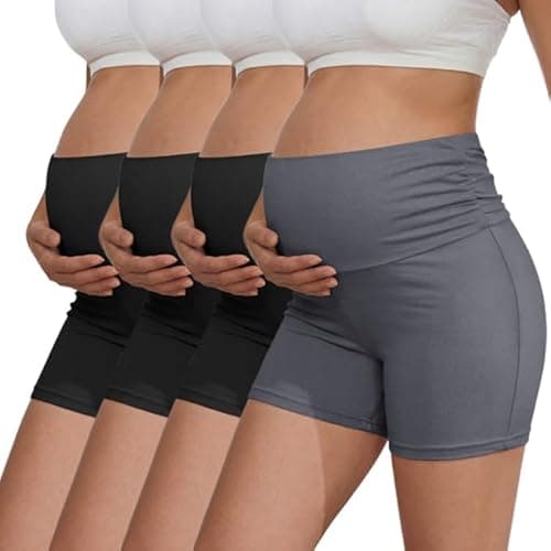Ekouaer 4 Pack Women's Maternity Shorts Pregnancy Biker Shorts Stretchy Workout Loungewear Mama Clothes Black/Black/Black/Dark Grey XL - Image 1
