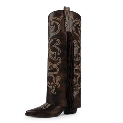 QIY Womens Retro Brown Boots Knee High Cowboy Boots for Women Cowgirl Fold Over Wide Calf Cowboy Boot for Women Fringe Western Embroidered Pointed Toe Chunky Heel with Tassels Tall Boot Size 6.5 - Image 1