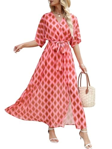 ANRABESS Womens 1/2 Sleeve Beach Wedding Guest Maxi Dresses 2026 Summer Wrap V Neck Boho Floral Flowy Slit Long Dresses Floral red X-Large - Image 1