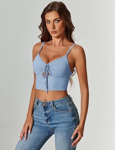 Avidlove Women Sexy Tie Front Crop Top V Neck Cutout Spaghetti Strap Y2k Cami Tank Top Going Out Camisole Tops Blue - Thumbnail 5