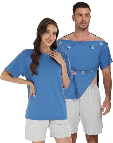 Recorah Shoulder Surgery Recovery Shirt with Magnetic Snaps - Developed with Surgical Experts, Crew Neck Top for One-Handed Dressing - Breathable 70% Cotton Post-Op Wear - Image 1