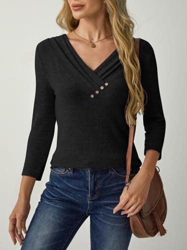 GKBK Women 3/4 Sleeve Tunic Tops for Leggings V Neck Button Down Loose T Shirts 2026 Fall Summer Dressy Business Casual Blouse Pullover Sweatshirt Work Cute Trendy Sweater Outfit Clothes Black S - Thumbnail 6