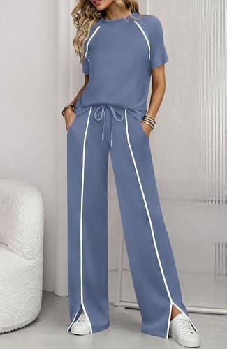 BTFBM Casual Two Piece Sets For Women Summer Outfits Solid Matching Sweatsuit Lounge Set Wide Leg Pants Workout(Grey Blue,Large) - Thumbnail 6
