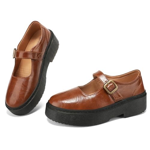 BEAUSEEN Women's Mary Jane Shoes with Platform Sole - Comfort Round Toe Strap Ballet Flats for Women - Chunky Heel Dress Flats Brown,7 US - Image 1