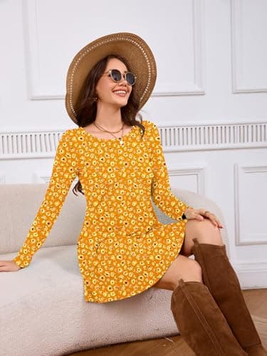 DEARCASE Women's Long Sleeve T Shirt Dress Floral Yellow Crush Flower Medium Crewneck Knee Length Loose Casual Flowy Swing Tunic Dresses with Pockets - Thumbnail 5