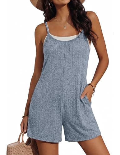 Ekouaer Womens Summer Casual Rompers 2026 Loose Sleeveless Overalls Adjustable Shorts Jumpsuits with Pockets Outfits Light Blue Small - Image 1