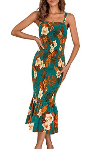 PRETTYGARDEN Women's Summer Floral Midi Tank Dress Sleeveless Strappy Ruffle Hem Smocked Bodycon Dresses (Dark Green,Large) - Image 1
