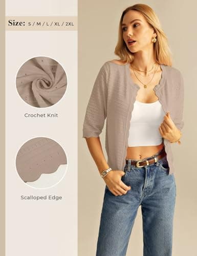 GRACE KARIN Womens Short Sleeve Cardigan Sweater, Lightweight Cropped Cardigan Trendy, Dressy Casual Floral Bolero Shrugs Khaki - Thumbnail 4