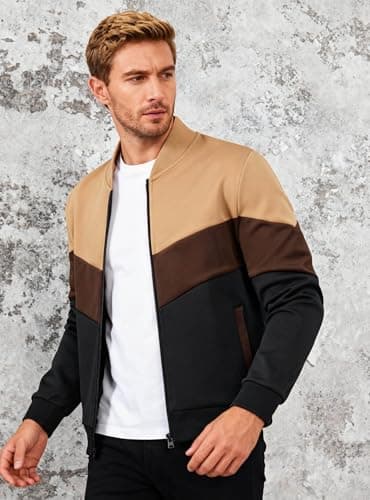 HYPESTFIT Mens Lightweight Jacket Casual Bomber Jacket Color Block Varsity Coat - Thumbnail 3