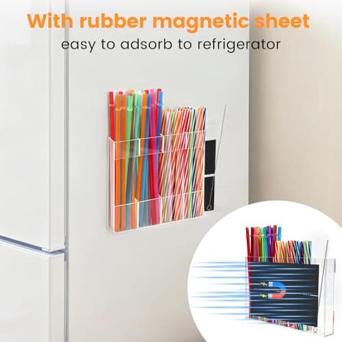 Seaflash Acrylic Magnetic Straw Holder, Straw Organizer Dispenser with Two Pieces Magnet Sheets, Drinking Straw Storage Holder for Cabinet Door Fridge Counter Kitchen Office (Transparent) - Thumbnail 2
