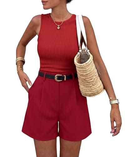 BTFBM 2 Piece Sets for Women Summer 2026 Sleeveless Matching Short Sets Tank Crew Neck Airport Travel Outfits Pockets(Red, Medium) - Image 1