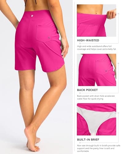 Viodia Women's 7" Swim Board Shorts High Waisted Modest Swimsuit Bathing Suit Beach Swimming Trunks for Women with Pockets Rosy - Thumbnail 5