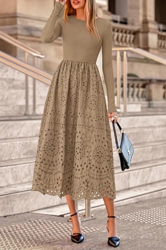 dowerme Women Spring Dresses 2026 Casual Long Sleeve Crewneck A-Line Boho Eyelet Cotton Maxi Wedding Guest Dress Pockets(Khaki,XX-Large) - Thumbnail 4