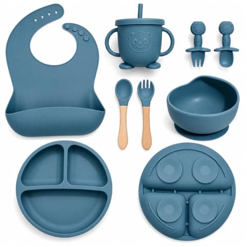 Baby Led Weaning Supplies, 8 Piece BPA-Free Silicone Feeding Set, Silicone Suction Bowl, Forks & Spoons, Bib & Cup, Develops Self Feeding Skills, Dishwasher Safe, for 6+ Months (Blue)