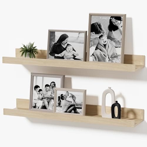 Mifurn Floating Picture Ledge Shelves, 2-Pack Wall Mounted Book Shelf for Nursery & Kids Room, Floating Shelves for Wall Photo Frames with Lip, Living Room or Bedroom, 16inch, Oak - Image 1