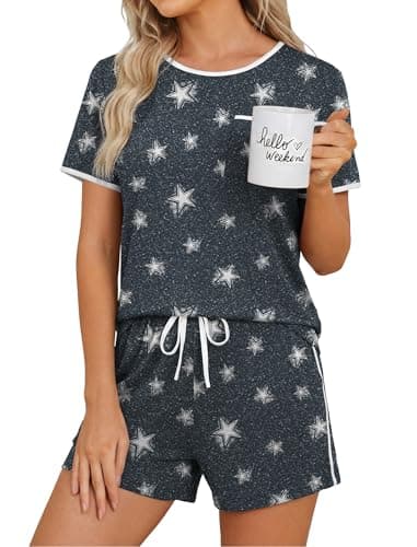 WIHOLL Womens Pajamas Shorts Set 2 Piece Summer Lounge Pjs Sets Cute Sleepwear Soft Matching Sets Fashion Clothing Color Block Teen Girls S - Thumbnail 2